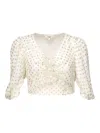 Chloé Cropped Ruffled Gathered Metallic Polka-dot Silk-blend Top In White