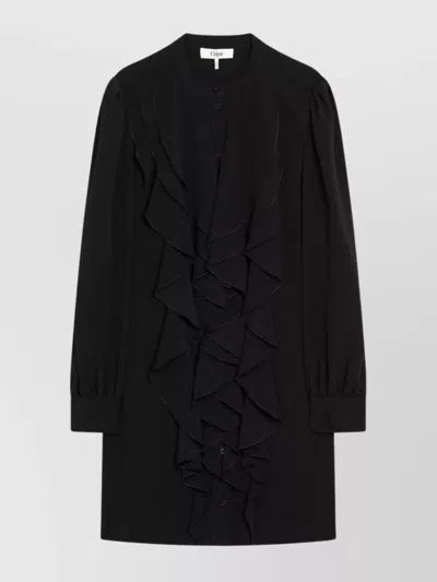 CHLOÉ SILK BLEND RUFFLED DRESS LONG SLEEVES