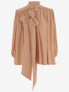 Chloé Silk Tie Neck Blouse With Puff Sleeve In Neutral