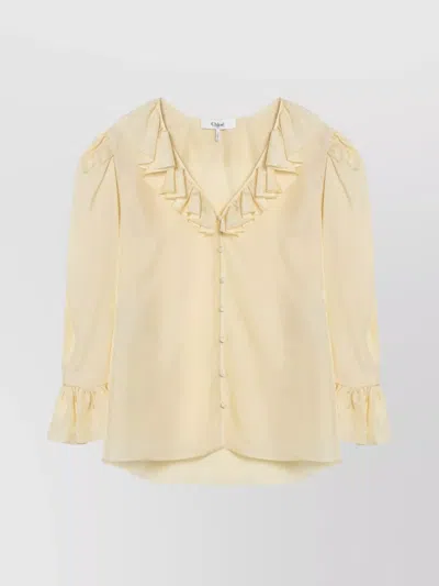 Chloé Silk Blouse With Ruffled Collar And Cuffs In Yellow