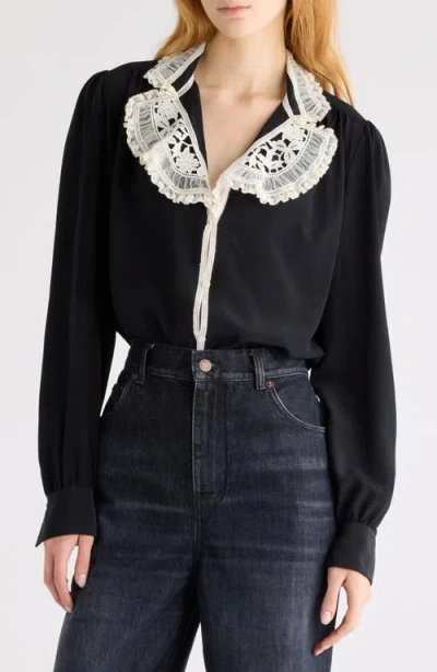 Chloé Silk Crêpe De Chine & Lace Ruffle Collar Button-up Shirt In Black