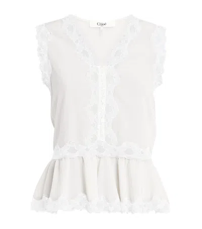 Chloé Silk Crepe De Chine Lace Peplum Top In White