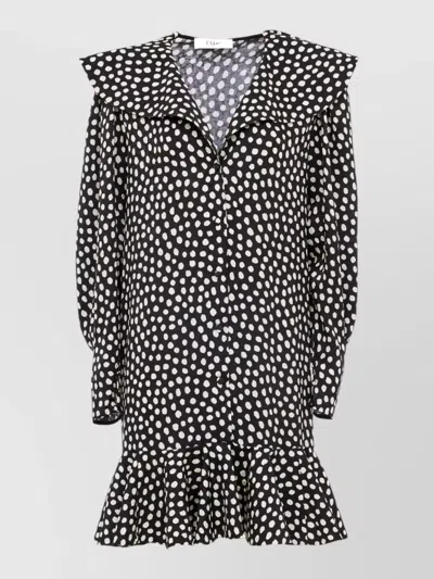 Chloé Dots-print Silk Jacquard Capelet Long-sleeve Mini Dress In Black