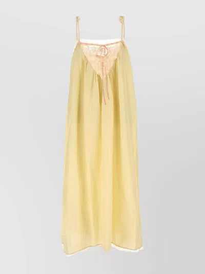 Chloé Gathered Lace-trimmed Silk-habotai Midi Dress In Yellow