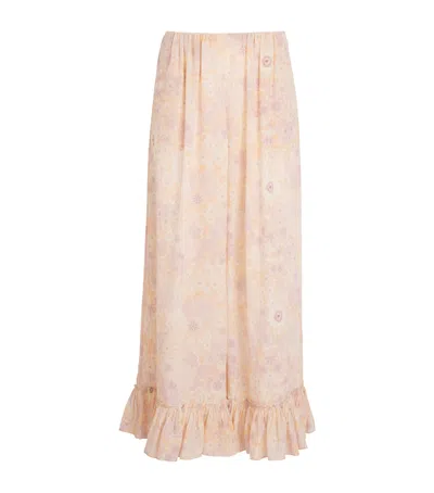 Chloé Chloe Floral-print Frill Wide-leg Silk Trousers In Pink