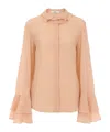 Chloé Blouse Fluide Volantée En Georgette De Soie Femme Brun Taille 40 100% Soie, Pinctada Maxima, Farmed, In Sand