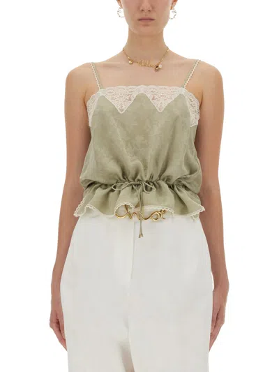 CHLOÉ SILK JACQUARD AND LACE DRAWSTRING TANK TOP