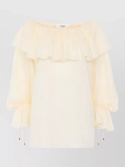 Chloé Flowing Top With Ruffles In Silk Jacquard In Neutral