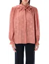 Chloé Floral Jacquard Tie-neck Ruffle Blouse