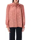 Chloé Floral Jacquard Tie-neck Ruffle Blouse In Pink