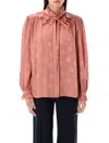 Chloé Floral Jacquard Tie-neck Ruffle Blouse In Wild Pink