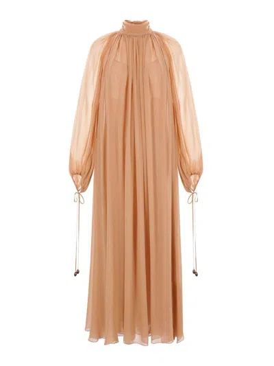 Chloé High-neck Tie Long-sleeve Silk Gown In Beige