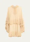 Chloé Silk Mousseline Mini Dress With Ruffle Details In Macadamia Brown