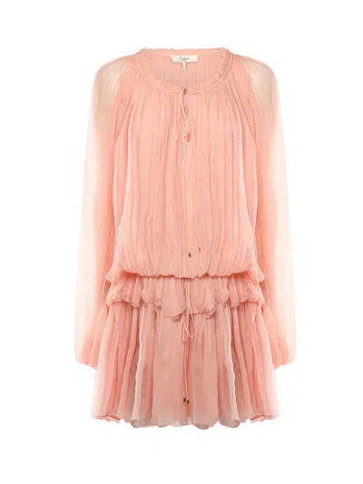 Chloé Women Pink Mini Dress With Drawstring On The Front And Cape Design In Silk Woman In Neutral