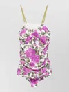 Chloé Bow-detailed Ruched Lace-trimmed Floral-print Swimsuit In Purple