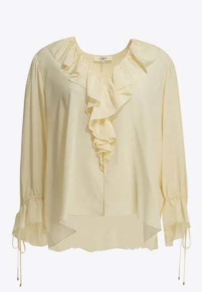 Chloé Silk Ruffle Blouse In Neutral