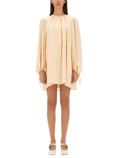Chloé Mini Dress With Shirred Design And Sleeves In Neutral