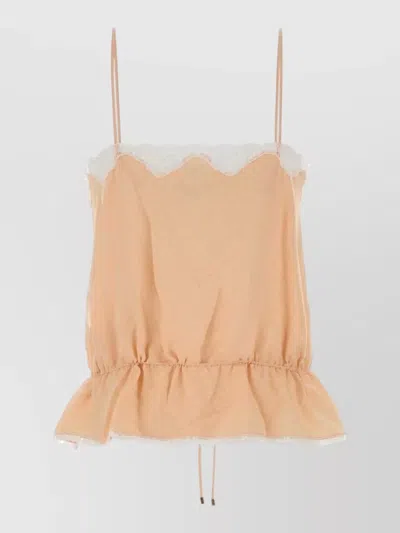 Chloé Silk Top Peplum Hem Spaghetti Straps Lace In Brown