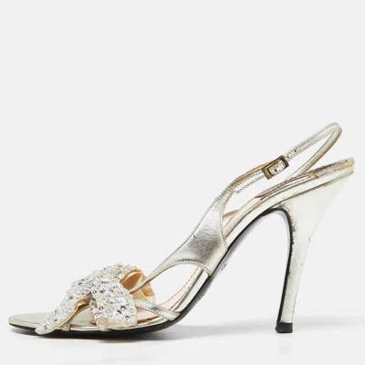 Pre-owned Chloé Silver Leather Crystal Embellished Bow Detail Ankle Strap Sandals Size 37.5