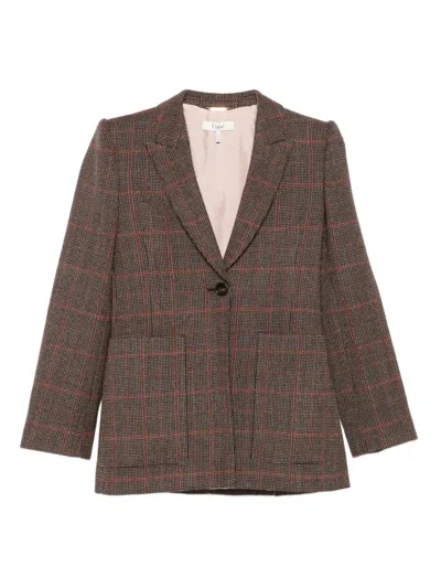 Chloé Single-breasted Checked Brown Wool Jacket In Multi
