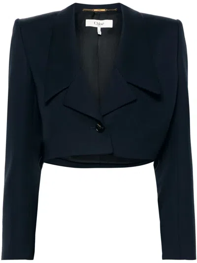 Chloé Veste Spencer Courte En Laine Graine De Poudre Femme Bleu Taille 38 100% Laine, Horn Bubalus Bubalis In Navy