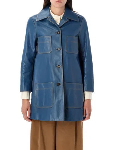 Chloé Single-breasted Leather Coat In Blue