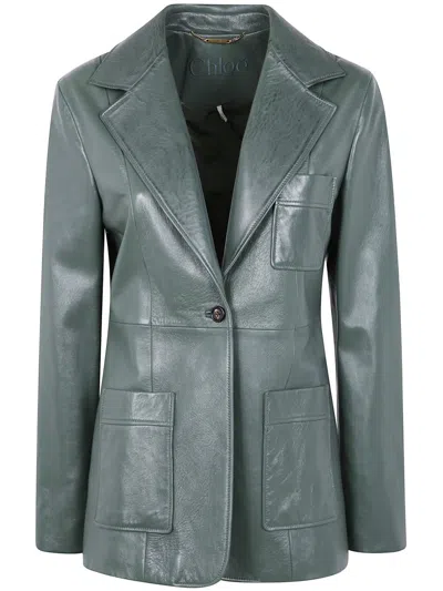 Chloé Single Button Leather Blazer Featuring Pockets In Green