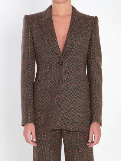 Chloé Women Brown Single-breasted Jacket With Peak Revers And All-over Check Motif In Wool Woman