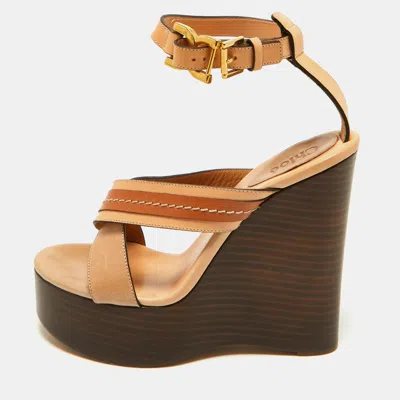 Pre-owned Chloé Size 36.5 Brown/beige Leather Wedge Sandals
