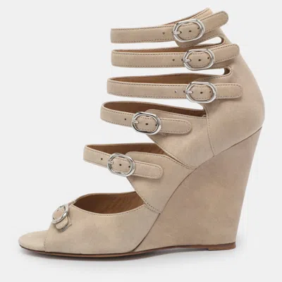 Pre-owned Chloé Size 37 Beige Leather Wedge Gladiator Sandals