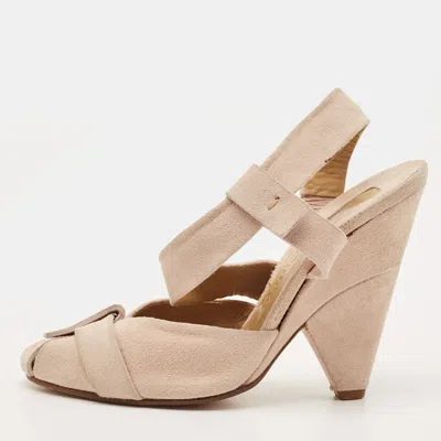 Pre-owned Chloé Size 37 Cream Suede Block Heel Slingback Pumps In White