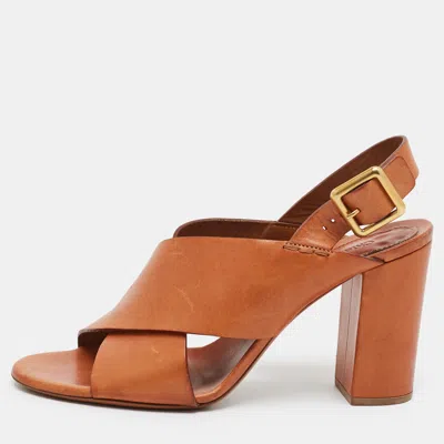 Pre-owned Chloé Size 37 Tan Leather Detail Slingback Sandals In Brown