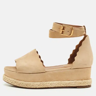 Pre-owned Chloé Size 37 Tan Scalloped Suede Wedge Sandals In Brown