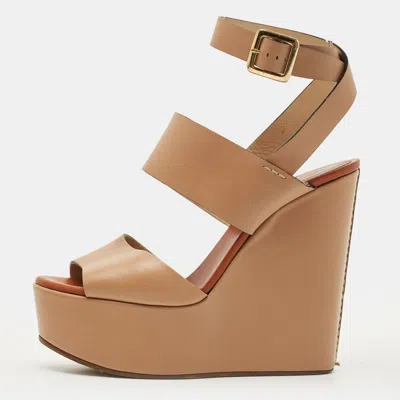 Pre-owned Chloé Size 38 Beige Leather Wedge Ankle Wrap Sandals
