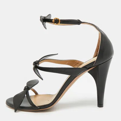 Pre-owned Chloé Size 38 Black Leather Bow Ankle Strap Sandals