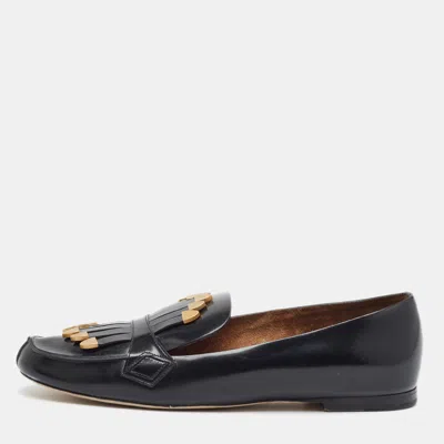 Pre-owned Chloé Size 38 Black Leather Fringe Slip On Loafers