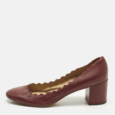 Pre-owned Chloé Size 38.5 Burgundy Leather Lauren Scallop Trim Block Heel Pumps