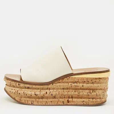 Pre-owned Chloé Size 38.5 White Leather Cork Wedge Sandals