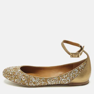 Pre-owned Chloé Size 40 Gold/silver Glitter And Leather Ankle Strap Ballet Flats