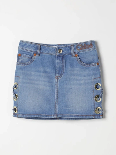 Chloé Kids' Denims Mini Skirt With Lace-up Detail In Grey