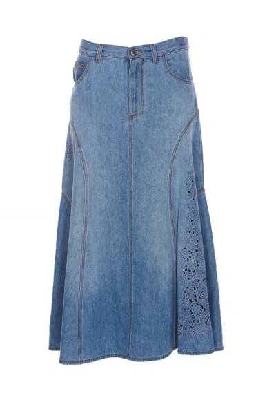 Chloé Floral Broderie Anglaise Cotton Linen Denim A-line Midi Skirt In Blue