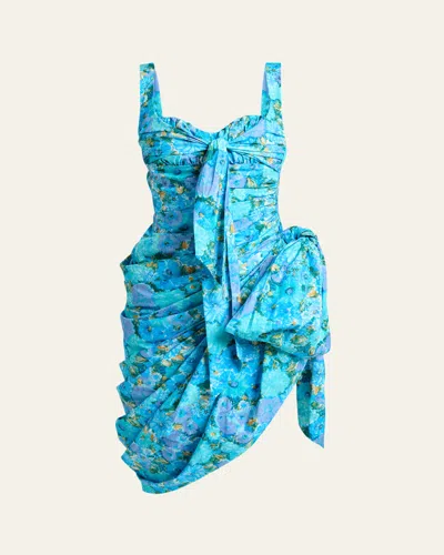 Chloé Sleeveless Floral Draped Bow High-low Dress In Blue