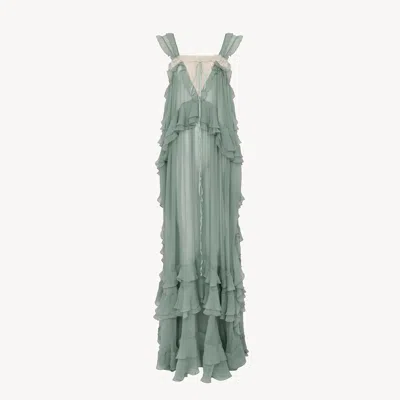 Chloé Sleeveless Layered Long Dress In Silk Mousseline & Lace In Green