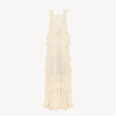 Chloé Robe Longue Sans Manches À Superpositions En Mousseline De Soie Et Dentelle In White