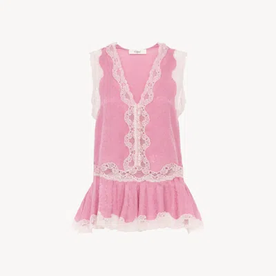 Chloé Sleeveless Peplum Top In Silk Jacquard & Lace In Pink