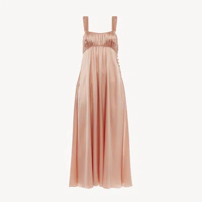 CHLOÉ SLEEVELESS RUCHED LONG DRESS IN SILK SATIN PINK SIZE 14 100% SILK