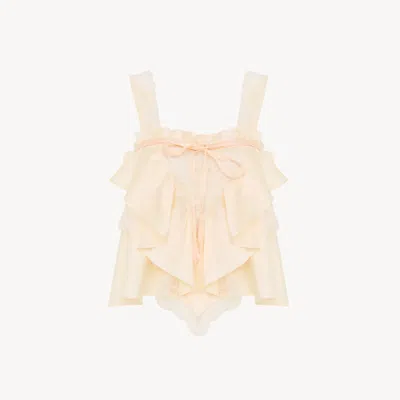 Chloé Sleeveless Ruffle Top In Washed Silk Satin & Lace In Neutral
