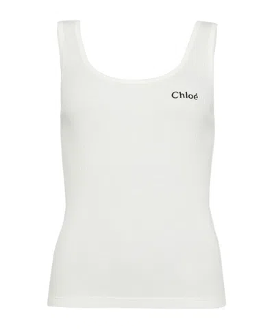 Chloé Logo Ribbed Cotton Jersey Tank Top In White