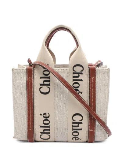Pre-owned Chloé Small 2000s Woody Logo-print Leather-trimmed Tote Bag In Neutral