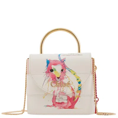 Chloé Chloe Small Aby Lock Printed Leather Shoulder Bag In White
